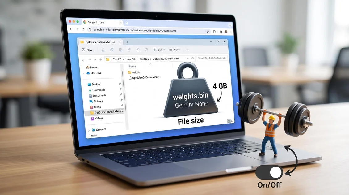 Chrome на ноутбуці показує 4 ГБ файл weights.bin Gemini Nano, фігурка піднімає його як штангу.