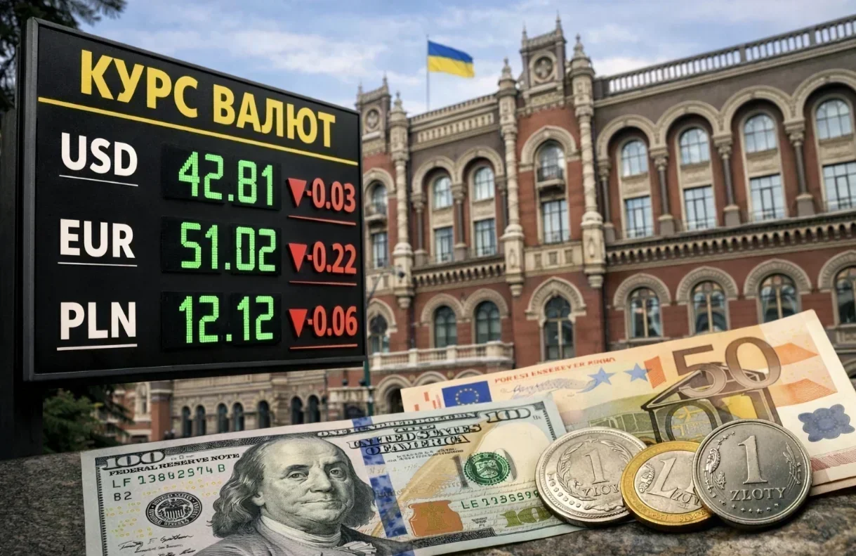 Курс долара 42.81 грн, євро 51.02 грн на табло з купюрами та гривнями
