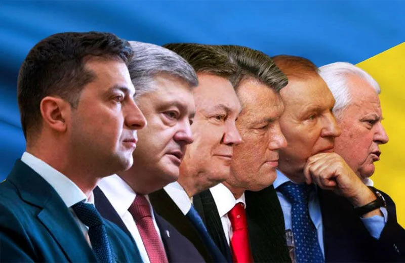 Профілі президентів України Кравчука, Кучми, Ющенка, Януковича, Порошенка, Зеленського на тлі прапора