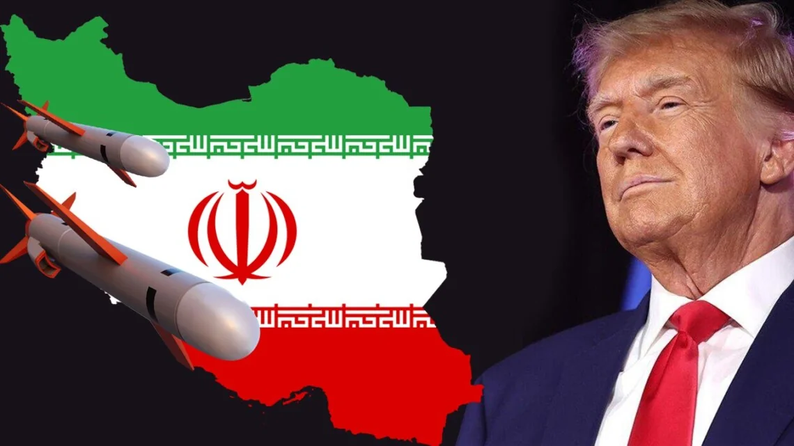 Дональд Трамп на тлі карти Ірану з ракетами та прапором