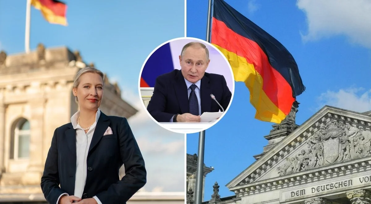 Володимир Путін, лідер AfD та Рейхстаг на тлі прапора Німеччини