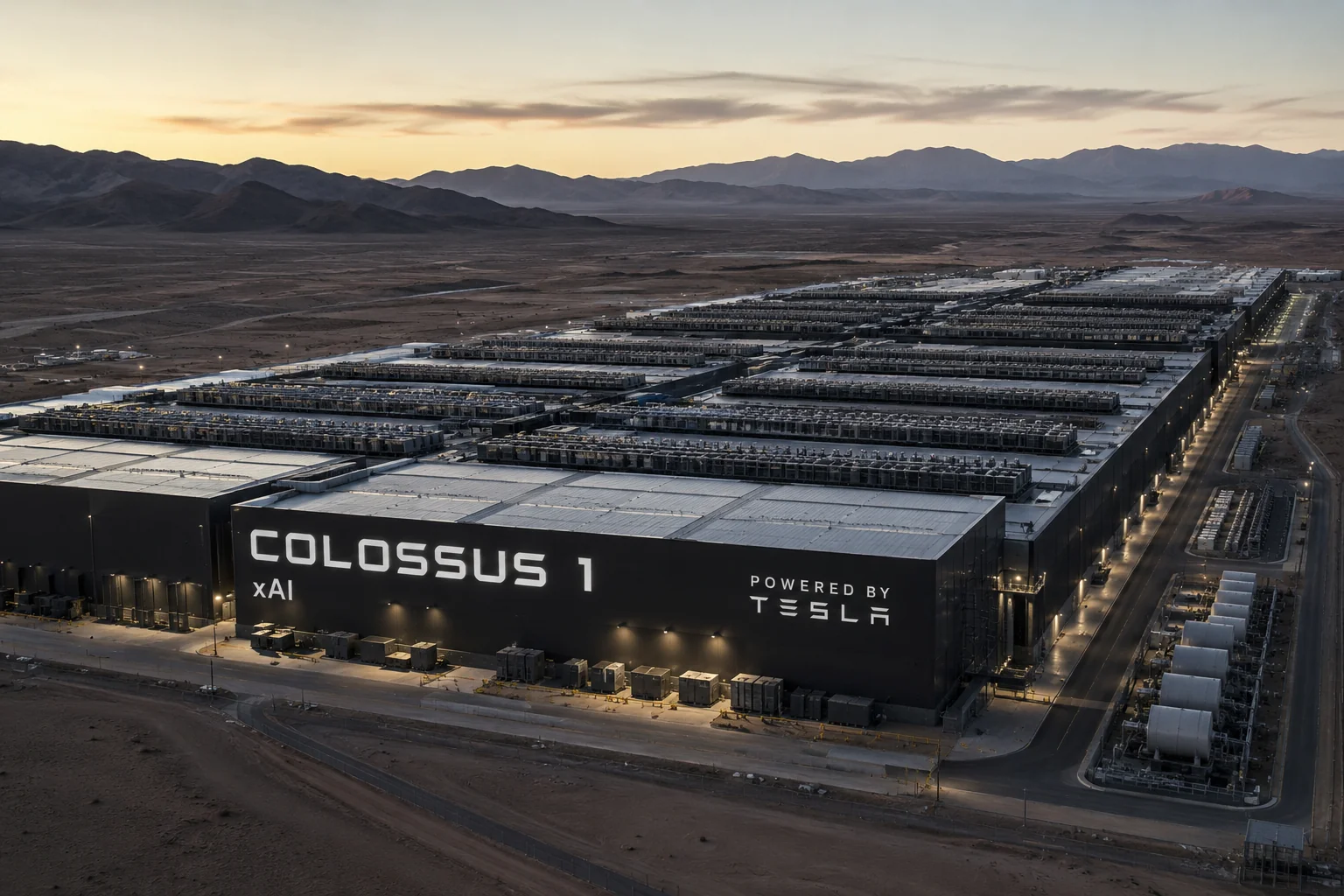 Маск: Anthropic может потерять доступ к Colossus через месяцы Дата-центр Colossus xAI с надписью Powered by Tesla в пустыне