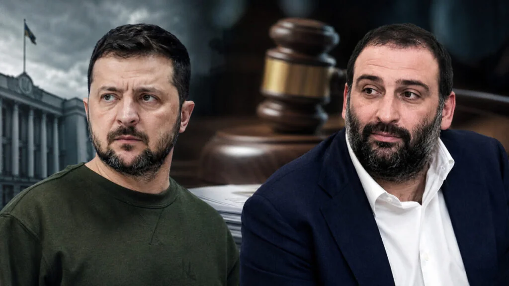 Володимир Зеленський і Тимур Міндіч на тлі судового молотка та будівлі суду