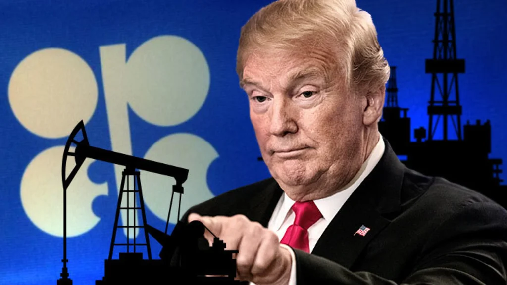 Дональд Трамп вказує на логотип ОПЕК з нафтовою вишкою