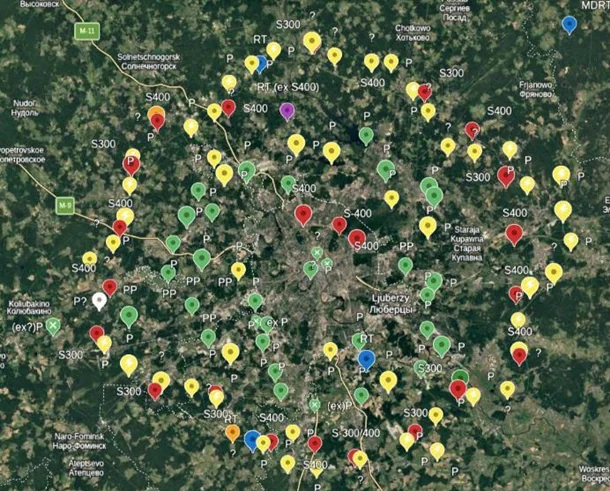 Супутникова карта з понад 100 позиціями «Панцир» у новому кільці ППО навколо Москви