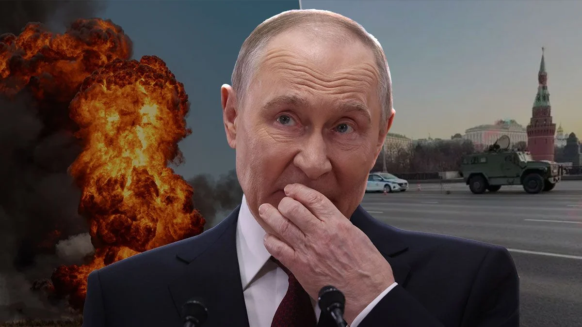 Шокований Путін від вибухів у Москві на параді 9 травня з Кремлем на тлі