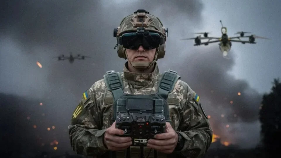 Військовий ЗСУ в VR-шоломі керує дроном на тлі бойових дронів і фронту.
