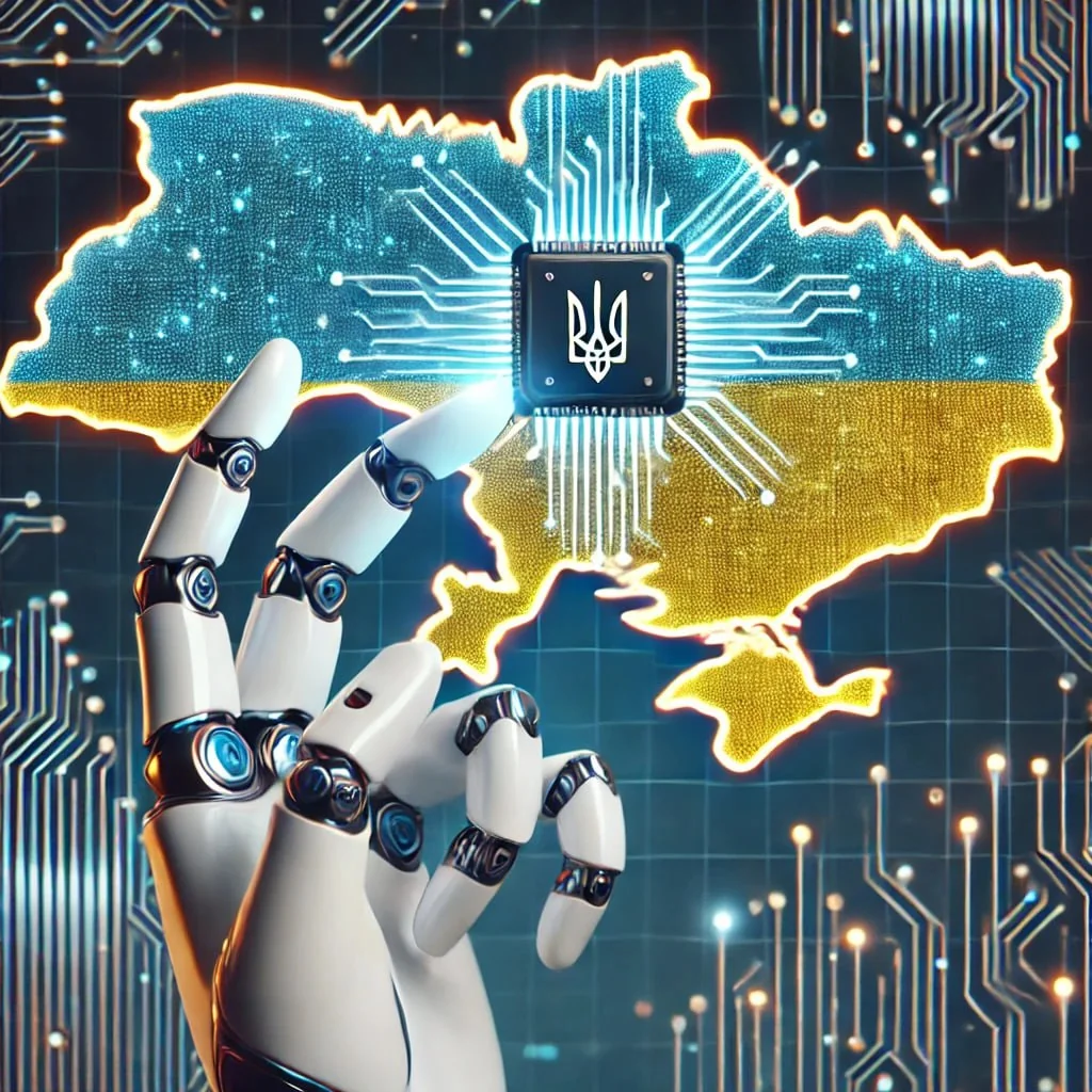 Роботизована рука з мікрочіпом тризуба на карті України, символ ШІ