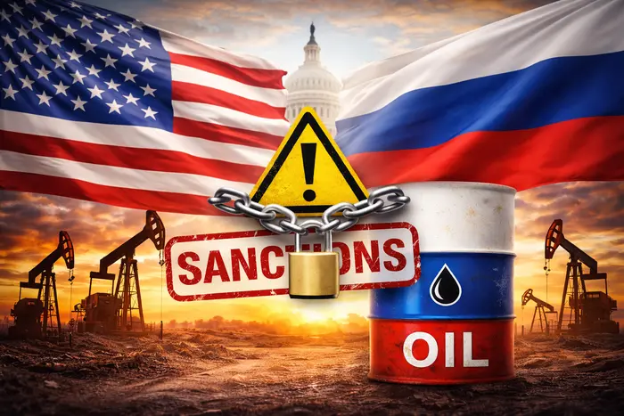 США та РФ прапори навколо замкненої бочки нафти з написом sanctions біля Капітолію