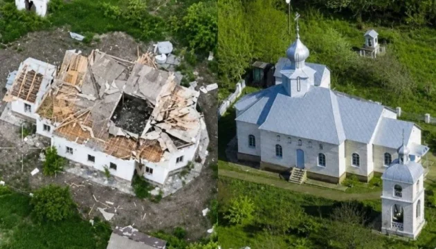 Зруйнована церква в Закітному на Донеччині після удару дроном та її вигляд до атаки