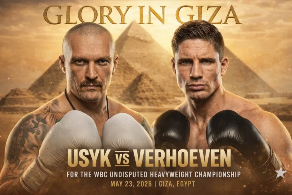 Усик і Верховен на постері бою за титул WBC у Гізі біля пірамід