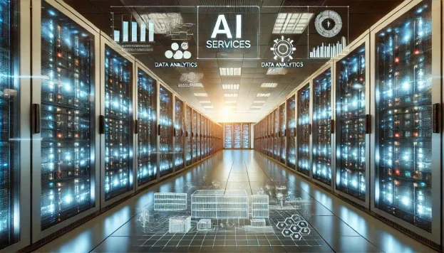 Дата-центр з серверами та голографічними інтерфейсами AI-сервісів і аналітики