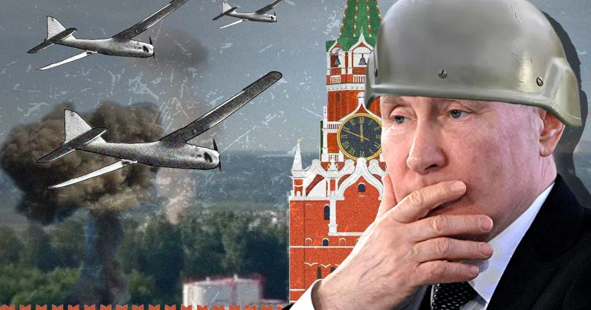 Путін у касці на тлі Кремля під час атаки українських дронів