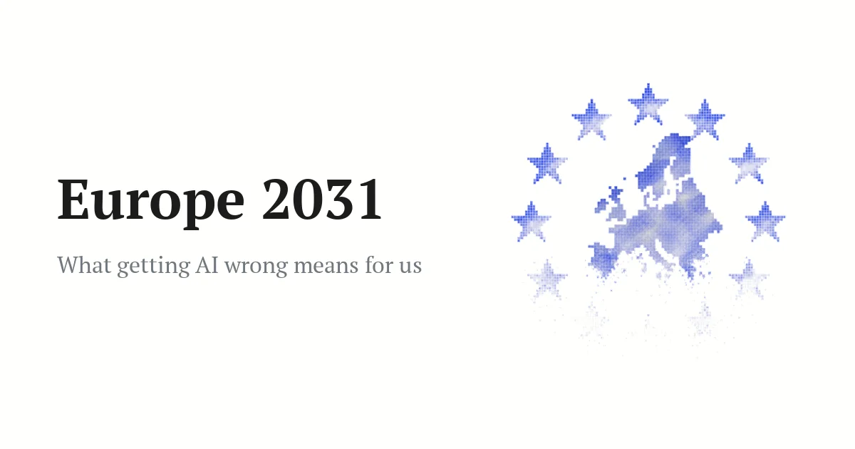 Мапа Європи з зірками та текстом Europe 2031 про наслідки помилок ШІ