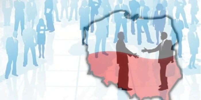 Стабілізація ринку праці Польщі: бізнесмени за рукостисканням на мапі країни