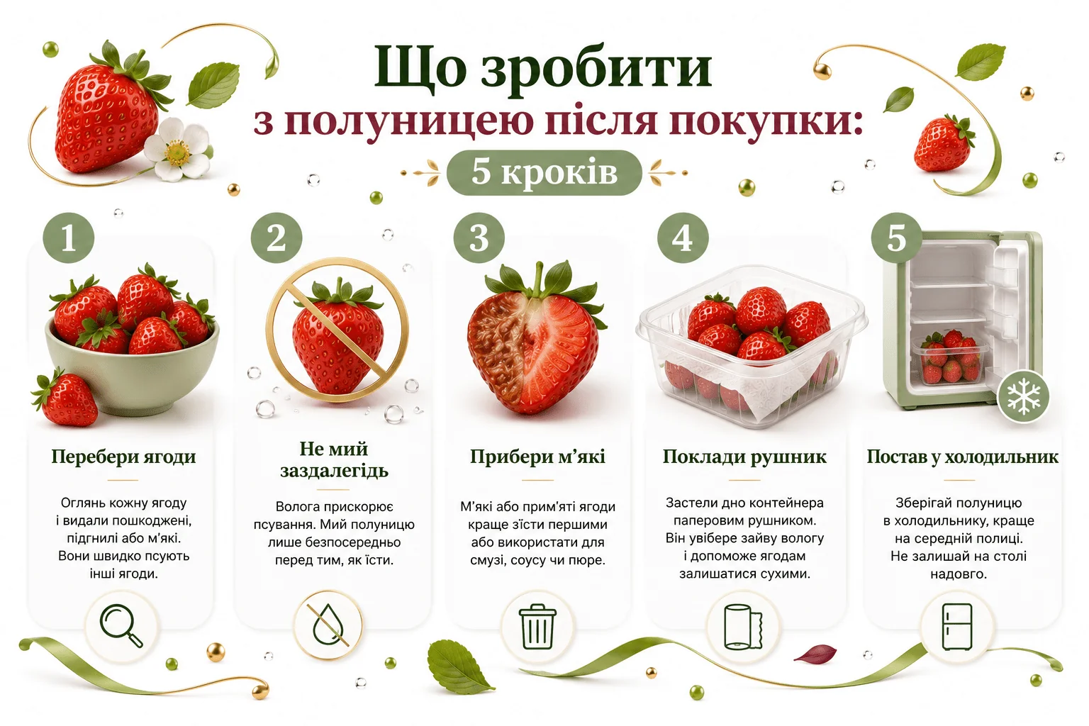 Пять шагов хранения клубники свежей после покупки в инфографике