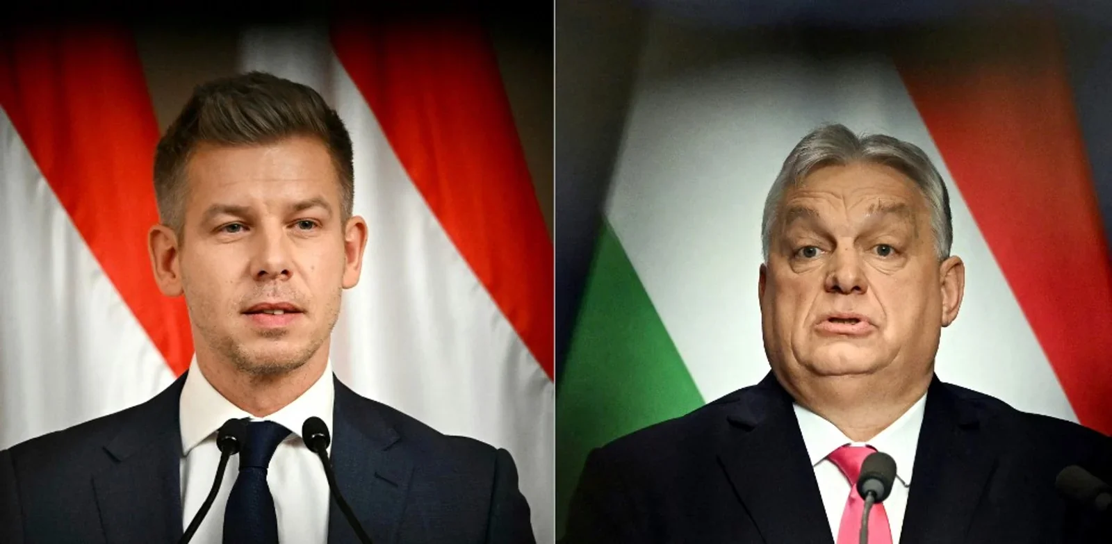 Петер Мадяр і Віктор Орбан на тлі угорських прапорів