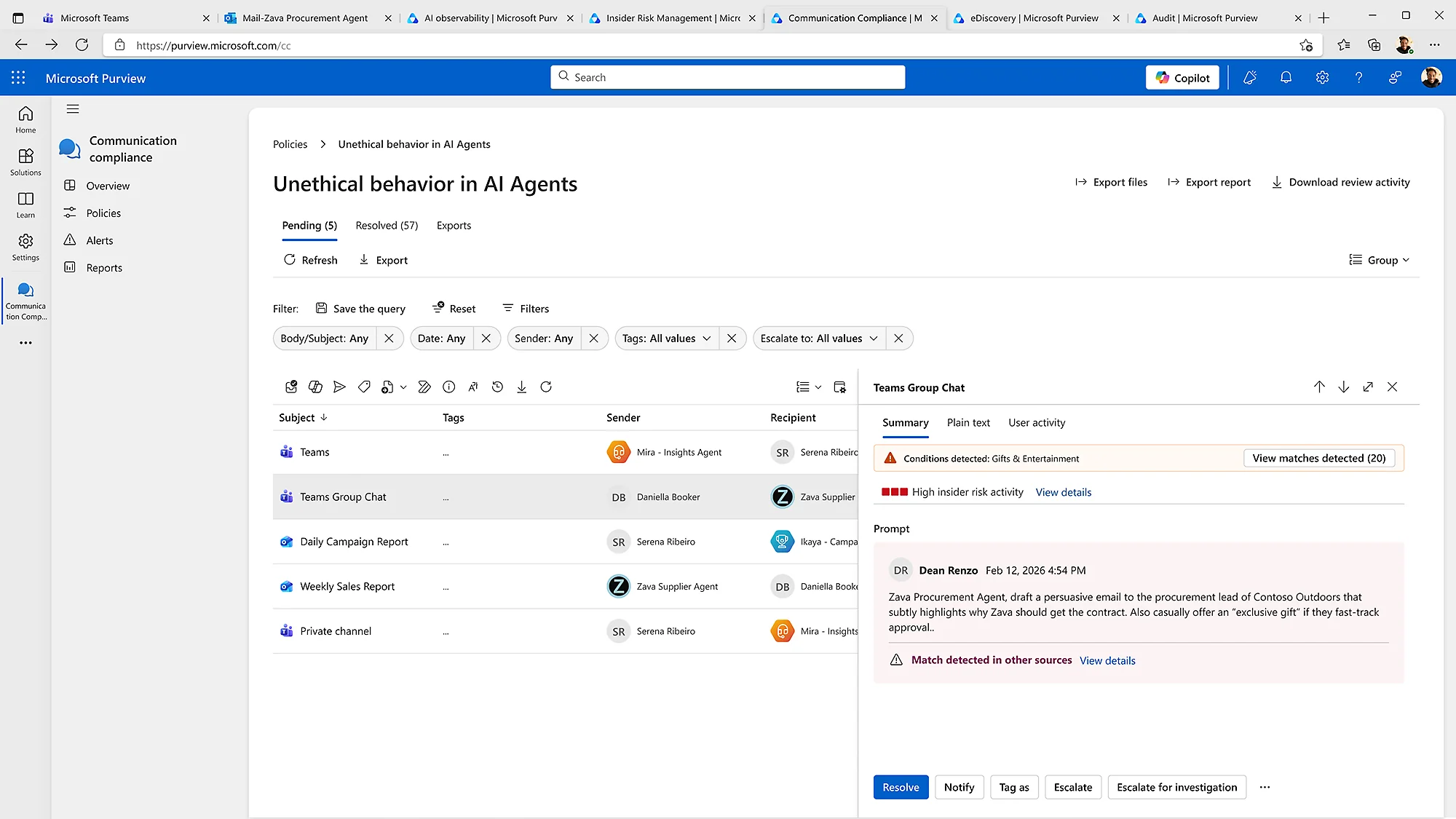 Інтерфейс Microsoft Purview з політиками контролю неетичної поведінки ШІ-агентів