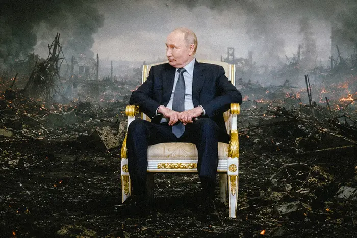 Путін на троні посеред зруйнованого війною ландшафту як заручник поразки