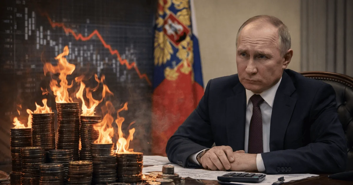 Володимир Путін на тлі палаючих монет і графіка падіння економіки Росії