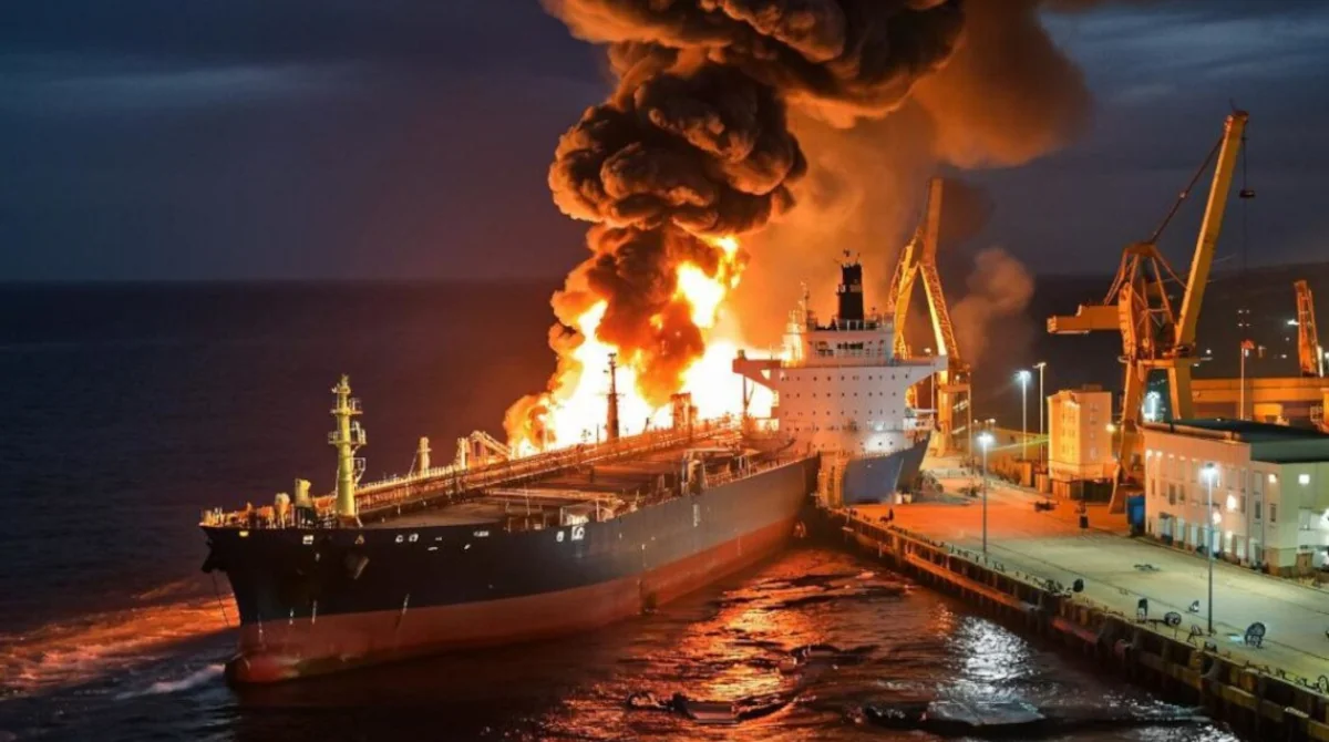 Палаючий танкер FINA A після удару Сил оборони в Чорному морі