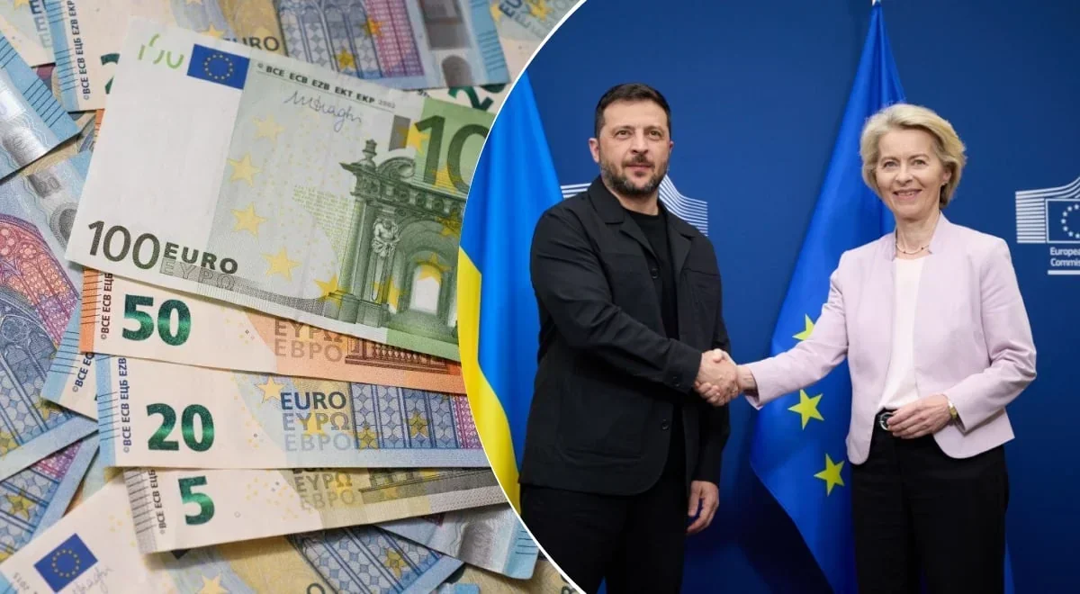 Зеленський та фон дер Ляєн на тлі банкнот євро та прапорів ЄС і України