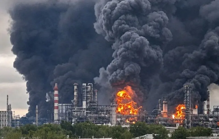 Пожежа та чорний дим на Московському НПЗ після удару дронів