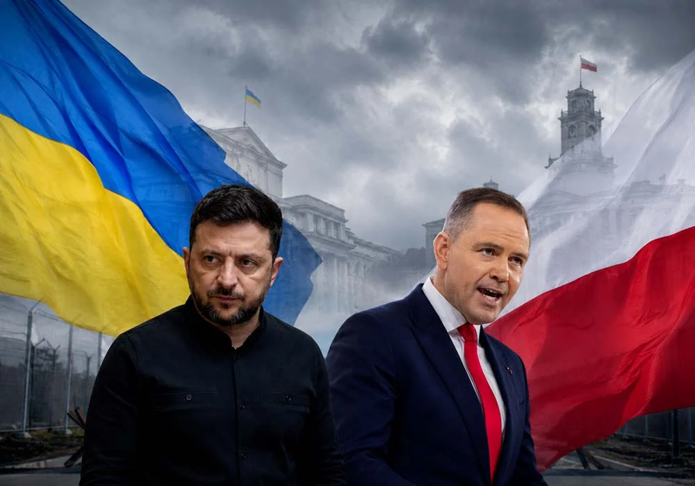 Володимир Зеленський та Анджей Дуда на тлі прапорів України й Польщі