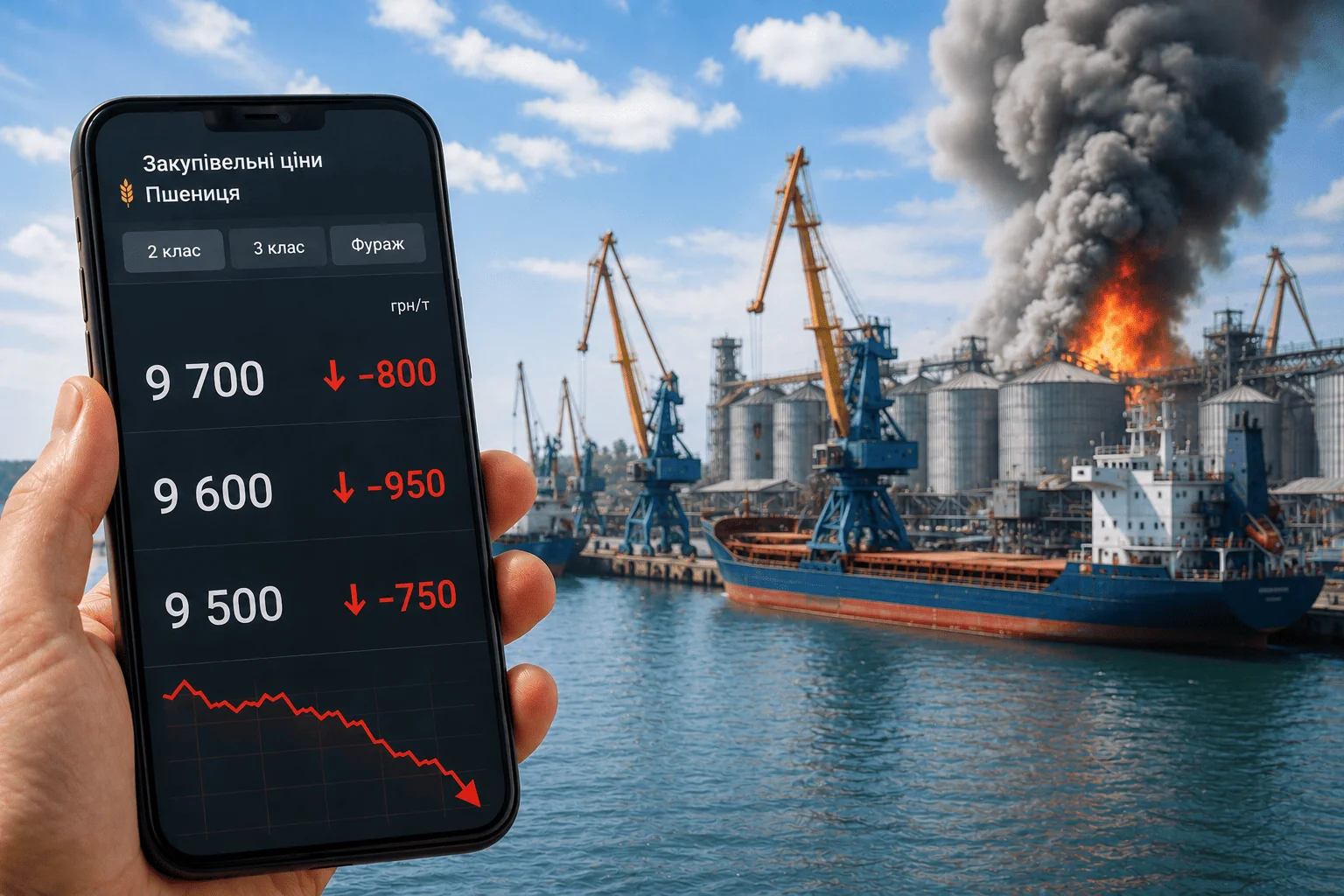 Смартфон із цінами на пшеницю на тлі атакованого порту з димом