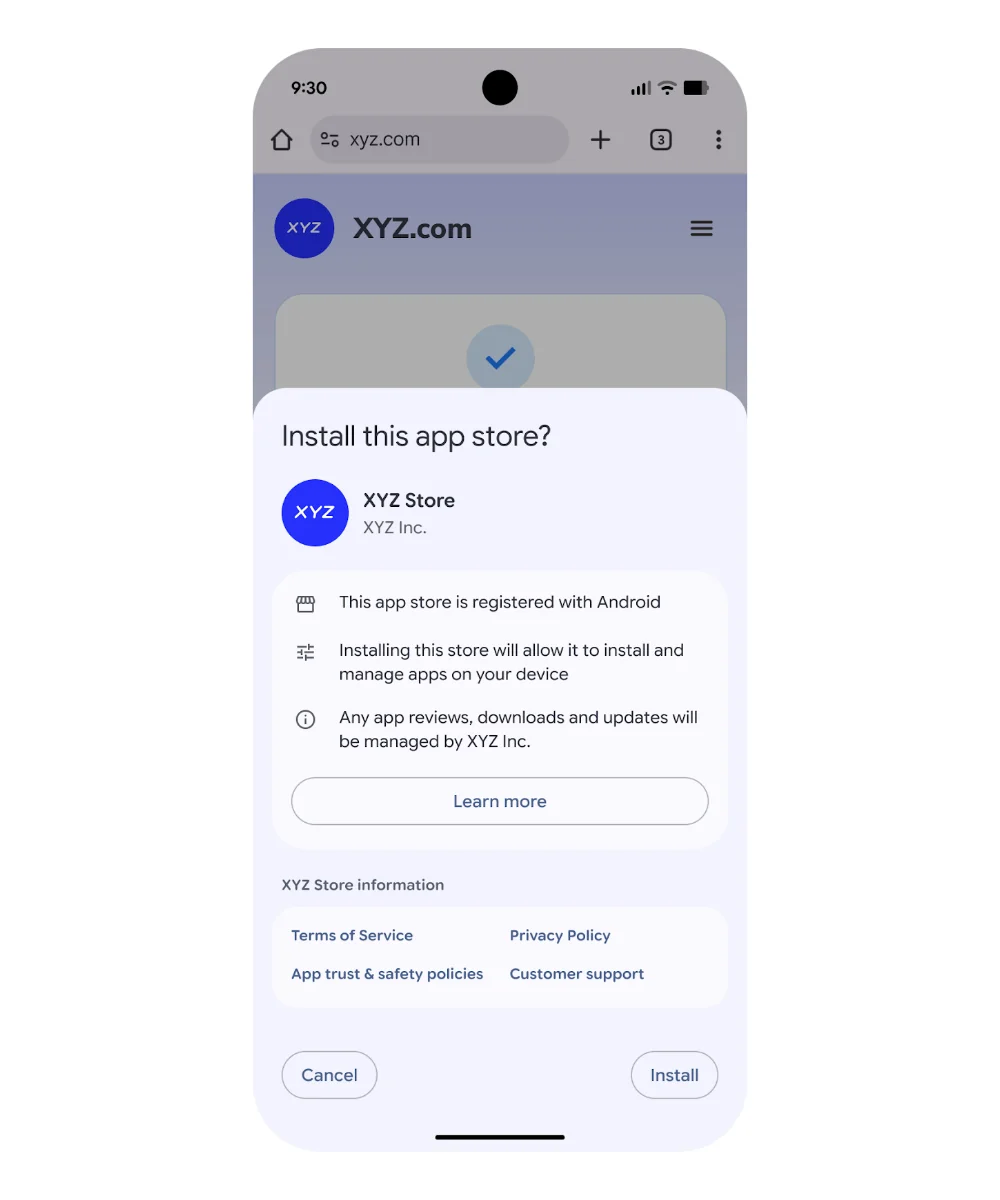 Смартфон з діалогом встановлення стороннього магазину XYZ Store на Android