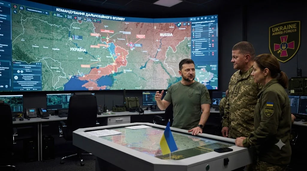 Президент Зеленський у центрі командування дальнобійних ударів ЗСУ біля мапи
