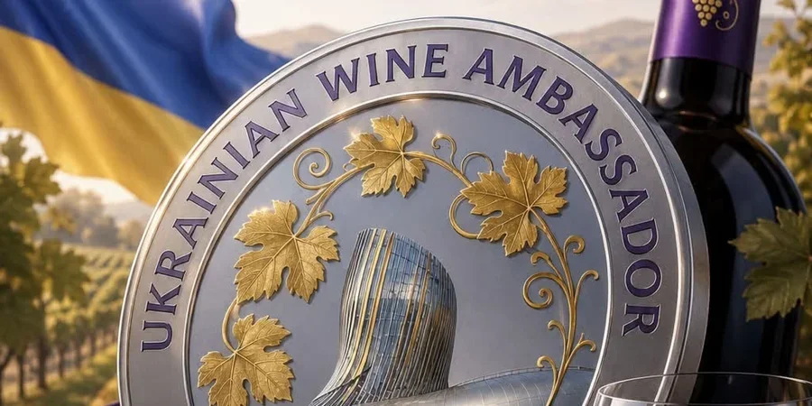 Емблема Ukrainian Wine Ambassador з українським прапором і пляшкою вина