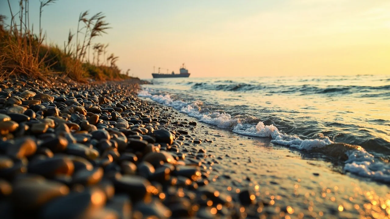 Чорне море з кораблем на тлі заходу сонця
