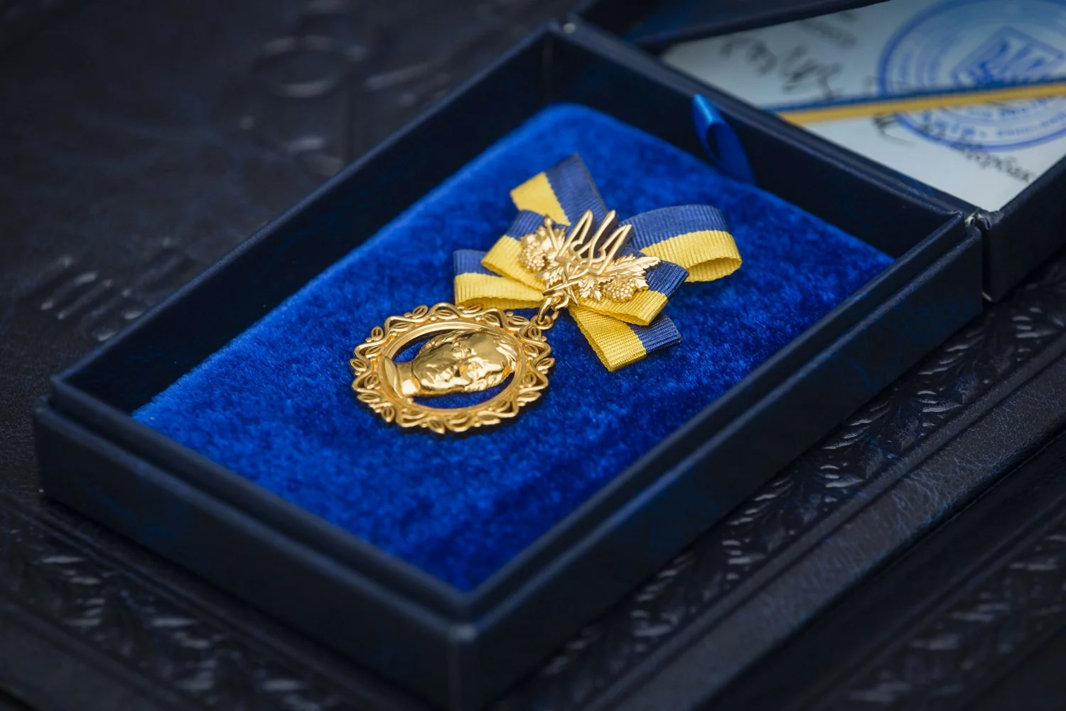 Золота медаль Шевченківської премії з блакитно-жовтою стрічкою в коробці